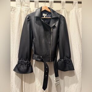 Milly Yvonna Black Leather Jacket with Flared Sleeves Size Medium